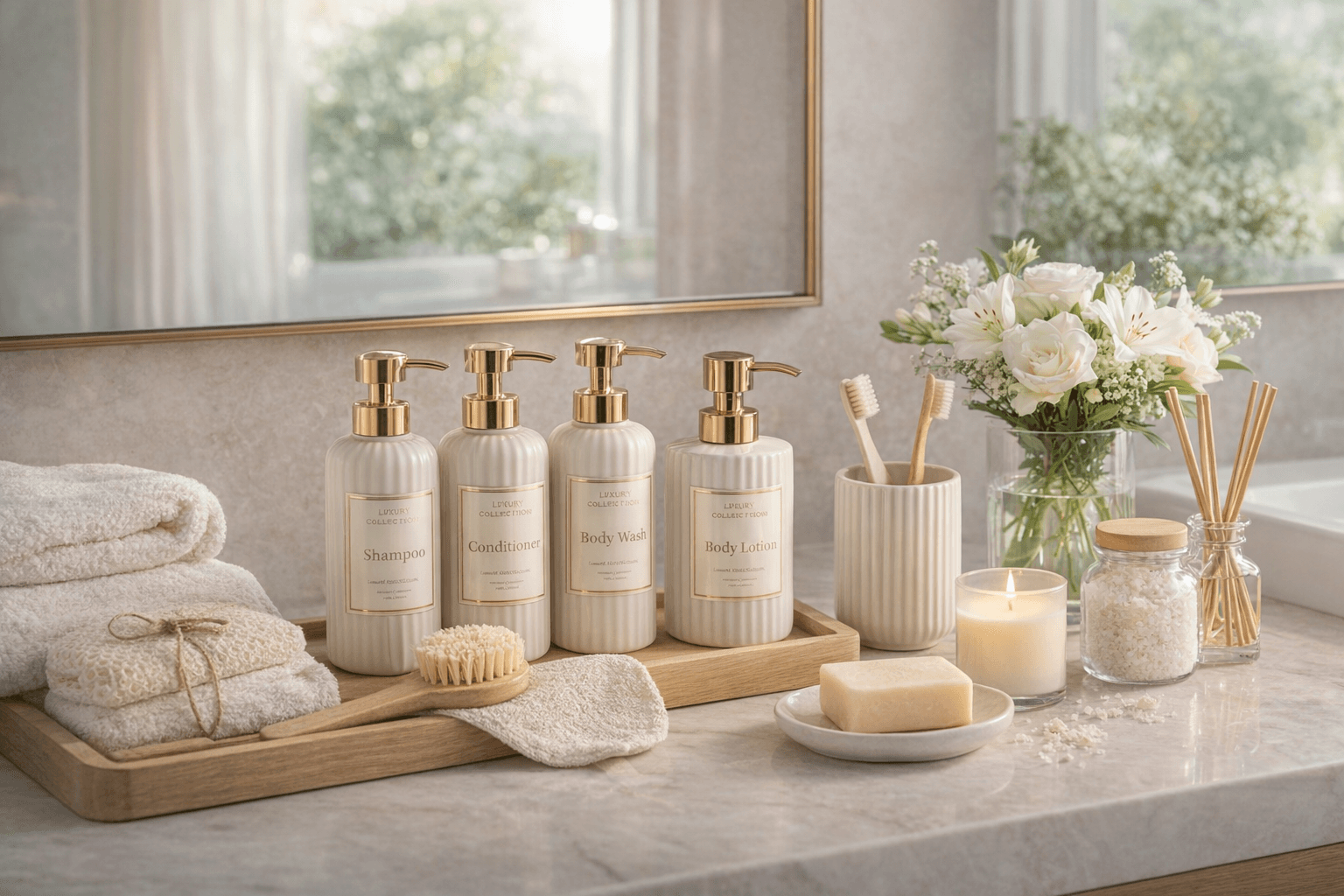 Elegant bathroom toiletries and towels in a premium Antalya property